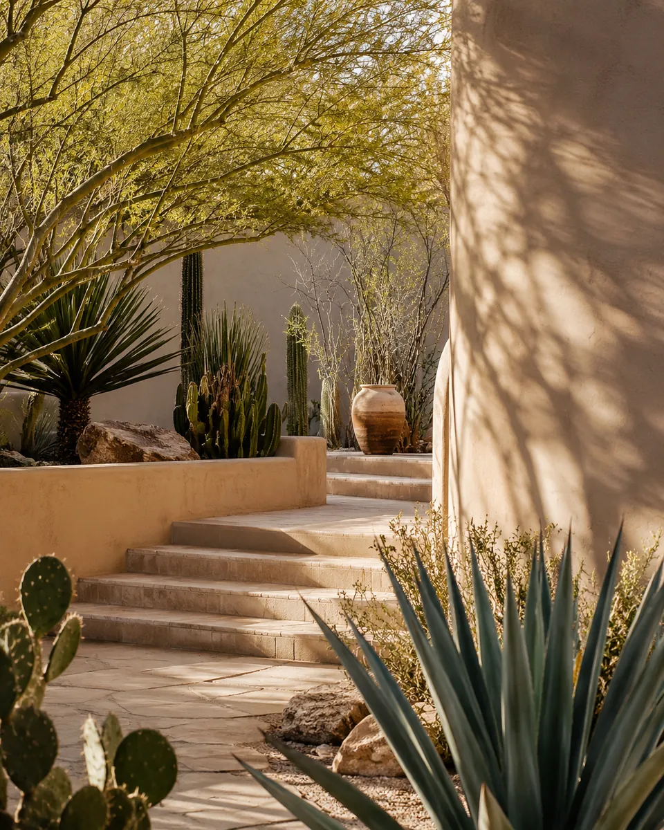 A quiet desert courtyard in Scottsdale, Arizona — palo verde, agave, and stone steps